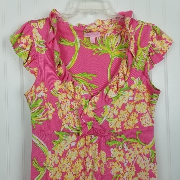 Lilly Pulitzer Ruffle Dress Floral Silk Blend Midi Flutter Sleeve Stretch V neck - Picture 3 of 10